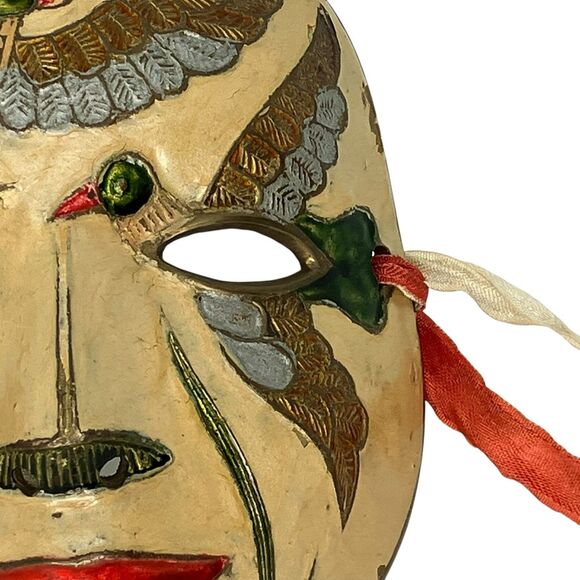 Vtg. Brass Mask Hand Painted Birds Enamel Wall Art Theater Decor - Picture 5 of 9